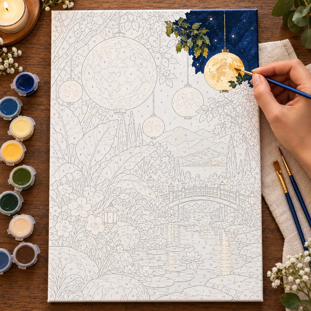 Painting process scene for the Paper Moons Indigo Garden kit, with the complete numbered canvas and painting tools.
