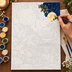 Painting process scene for the Paper Moons Indigo Garden kit, with the complete numbered canvas and painting tools.