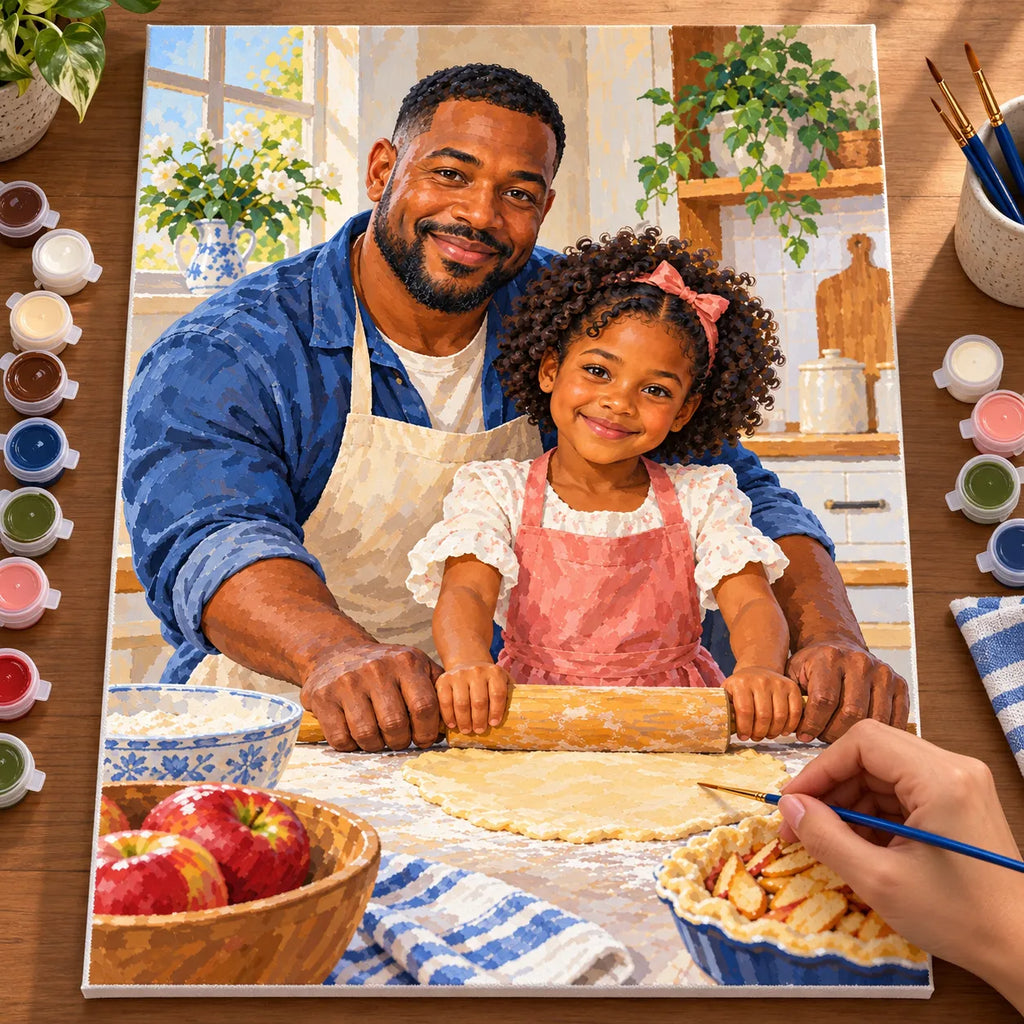 Painting process scene for the Parent Child Kitchen Pie kit, showing its complete numbered canvas and painting tools.