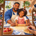Painting process scene for the Parent Child Kitchen Pie kit, showing its complete numbered canvas and painting tools.