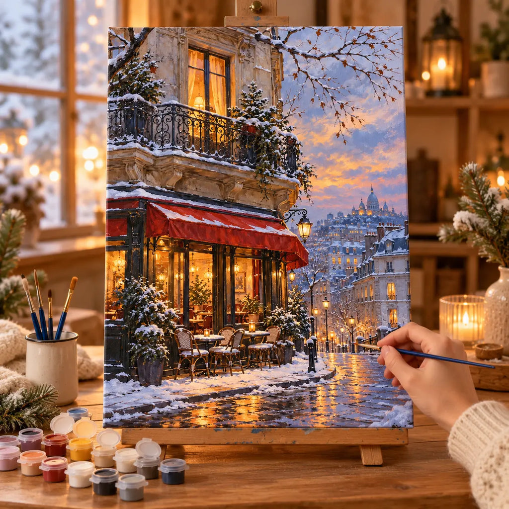 `04-paris-montmartre-winter-cafe-painting-process.webp` — Painting process scene for the Paris Montmartre winter cafe kit, showing its complete canvas and painting tools.