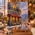 `04-paris-montmartre-winter-cafe-painting-process.webp` — Painting process scene for the Paris Montmartre winter cafe kit, showing its complete canvas and painting tools.