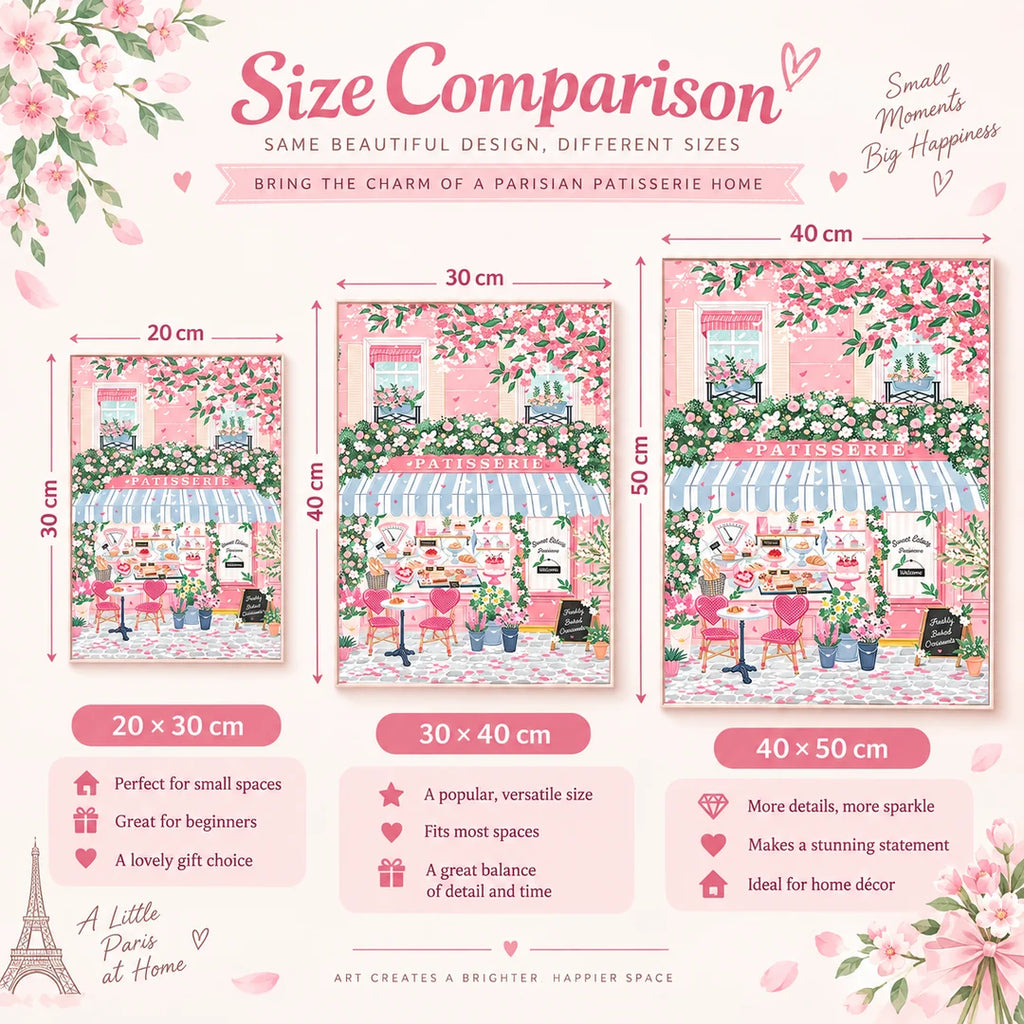 Parisian patisserie artwork size comparison from 20 by 30 to 40 by 50 cm