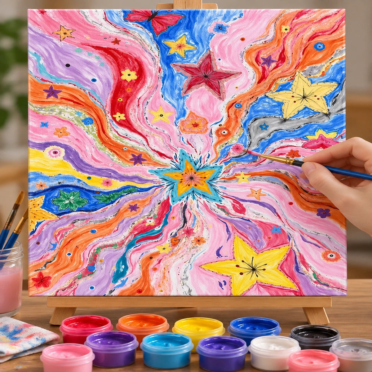 Complete Pastel Butterfly Cosmic Burst numbered canvas being painted with acrylic paints and brushes