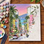 Pastel Seaside Street with Palms numbered canvas being painted with acrylic paints and brushes
