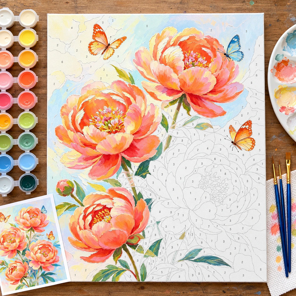 Peach Peonies and Butterflies numbered canvas being painted with acrylic paints and brushes