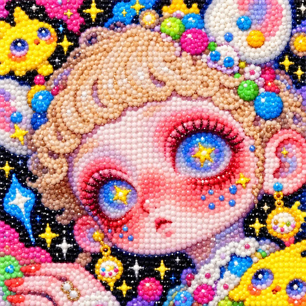 Close-up of sparkling drills in the peach star bunny girl diamond painting design