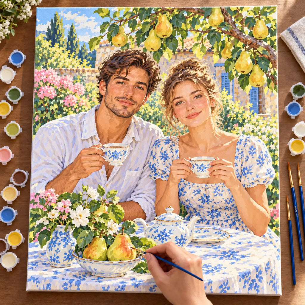 Painting process scene for the Pear Tree Garden Tea Portrait kit, showing its complete numbered canvas and painting tools.