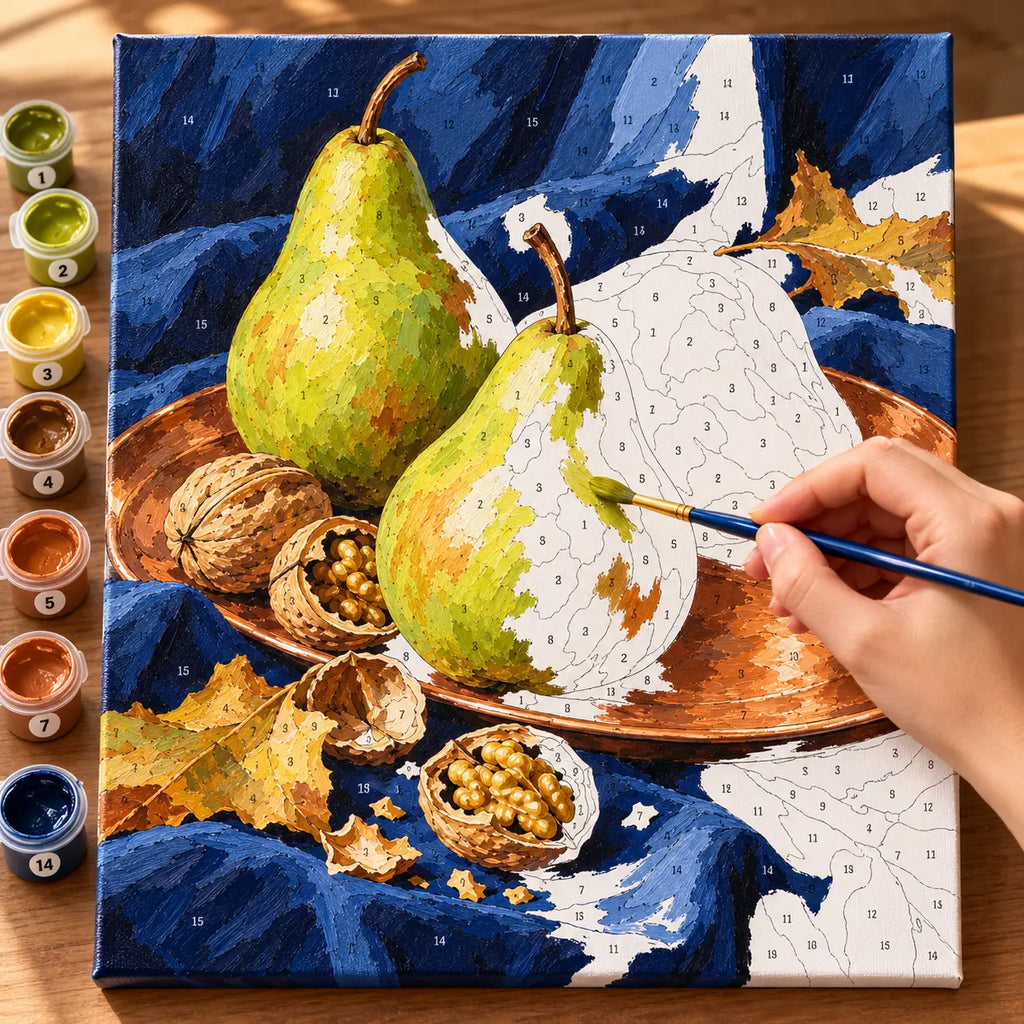 `04-pear-walnut-copper-plate-painting-process.webp` — Painting process scene for the Pear Walnut Copper Plate kit, with the complete numbered canvas and painting tools.