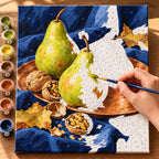 `04-pear-walnut-copper-plate-painting-process.webp` — Painting process scene for the Pear Walnut Copper Plate kit, with the complete numbered canvas and painting tools.