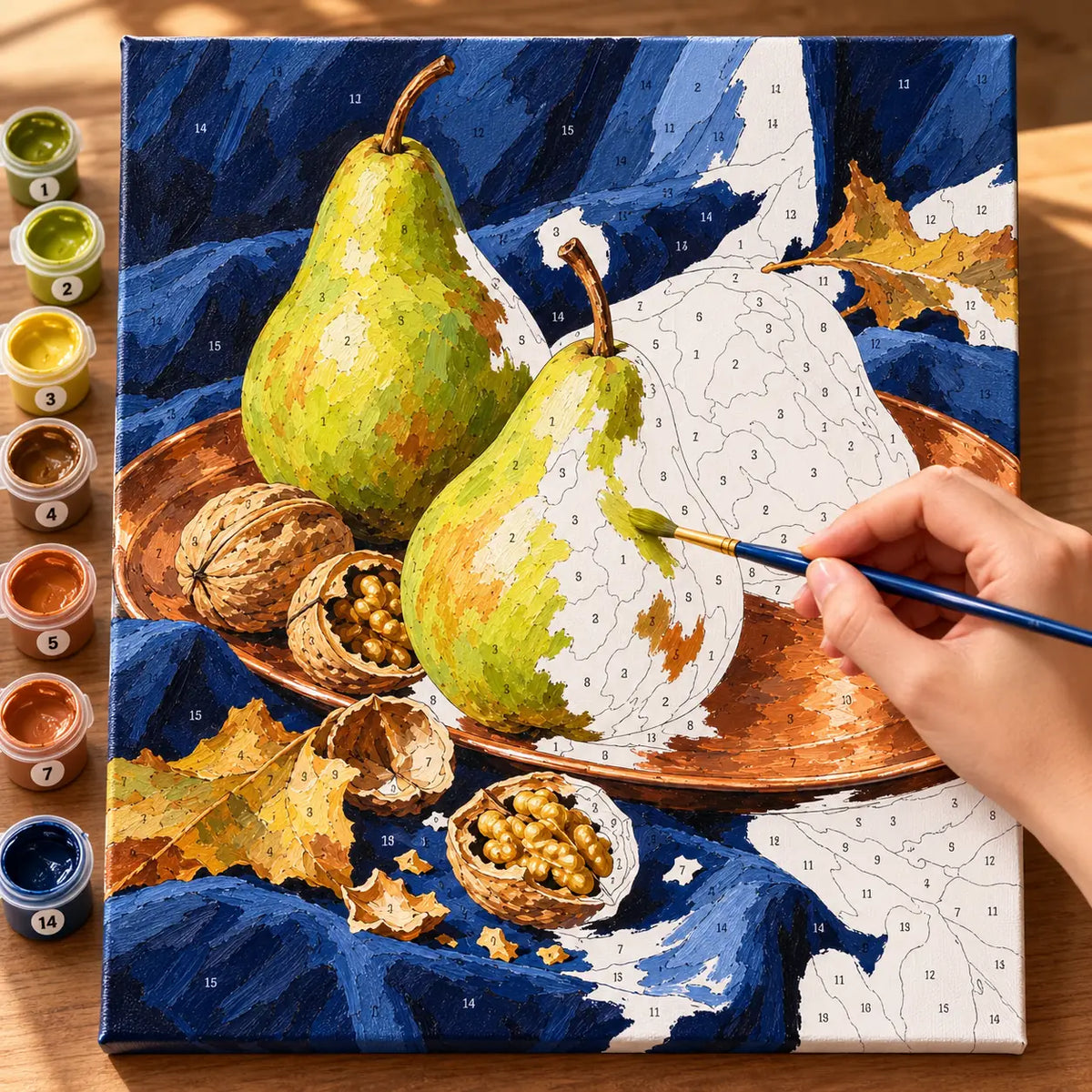 `04-pear-walnut-copper-plate-painting-process.webp` — Painting process scene for the Pear Walnut Copper Plate kit, with the complete numbered canvas and painting tools.