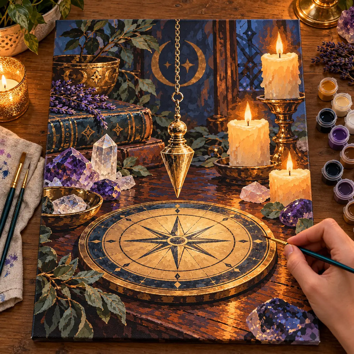 Painting process scene for the Golden Pendulum and Compass Divination Table kit, showing its complete numbered canvas and painting tools.