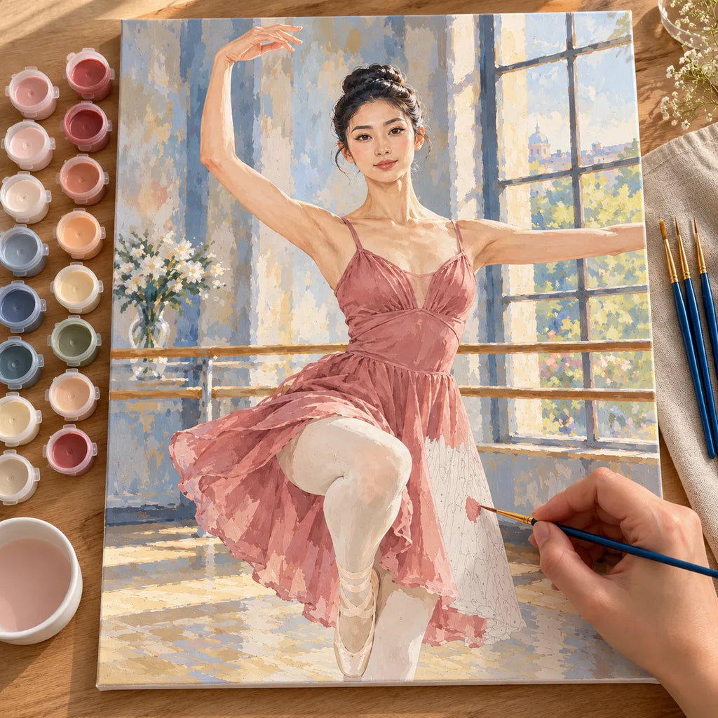 Painting process scene for the Pink Ballerina Practicing in a Sunlit Studio kit, showing its complete numbered canvas and painting tools.