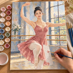 Painting process scene for the Pink Ballerina Practicing in a Sunlit Studio kit, showing its complete numbered canvas and painting tools.