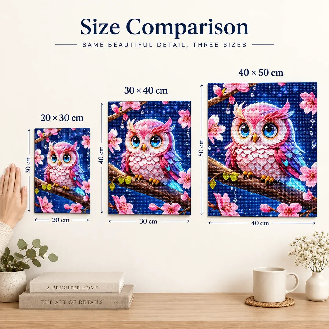 Pink Blossom Owl diamond painting size comparison