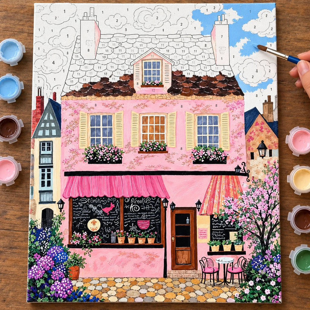 Pink European Cafe Cottage Paint by Numbers numbered canvas being painted with acrylic paints and brushes