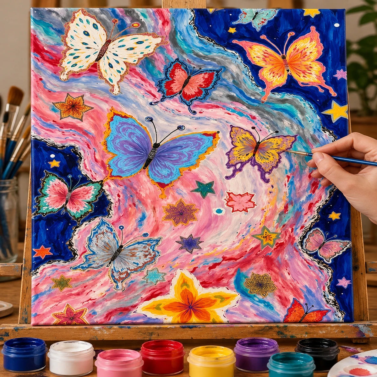 Complete Pink Galaxy Butterfly Garden numbered canvas being painted with acrylic paints and brushes