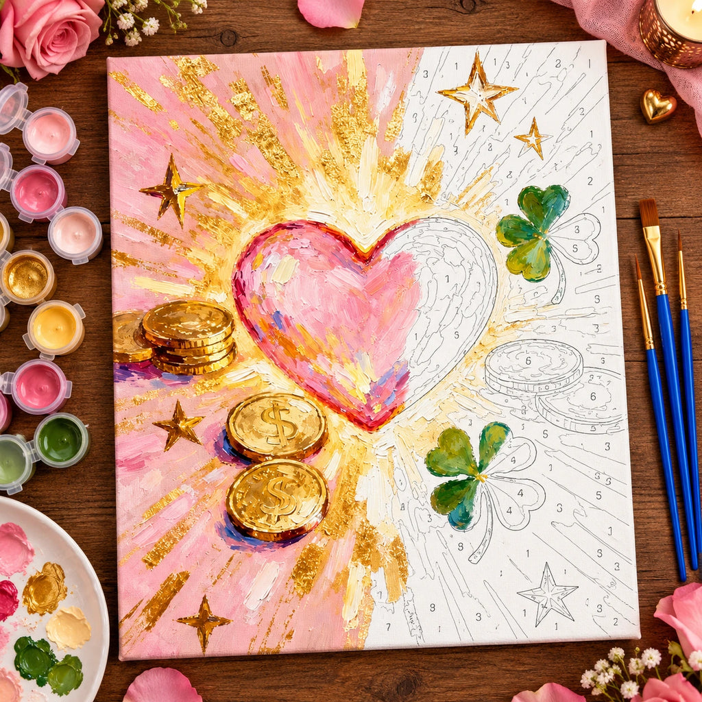 Pink Heart and Lucky Charms numbered canvas being painted with acrylic paints and brushes