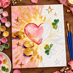 Pink Heart and Lucky Charms numbered canvas being painted with acrylic paints and brushes