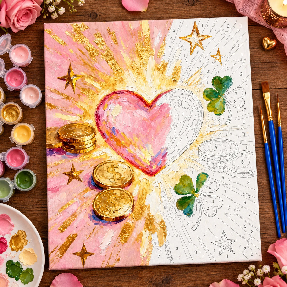 Pink Heart and Lucky Charms numbered canvas being painted with acrylic paints and brushes