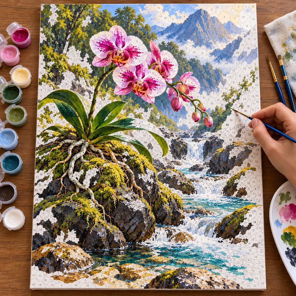 Complete Pink Orchid Rocky Waterfall numbered canvas being painted with acrylic paints and brushes.