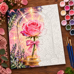 Pink Rose Under Glass Dome numbered canvas being painted with acrylic paints and brushes