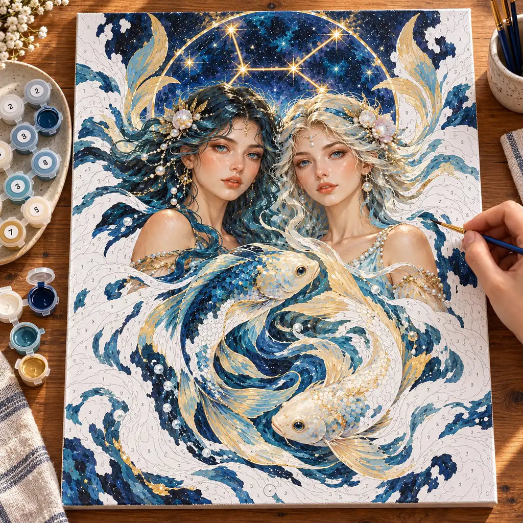 Painting process scene for the Pisces Twin Women with Celestial Koi kit, showing its complete numbered canvas and painting tools.