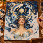 Painting process scene for the Pisces Woman with Full Moon and Koi kit, showing its complete numbered canvas and painting tools.