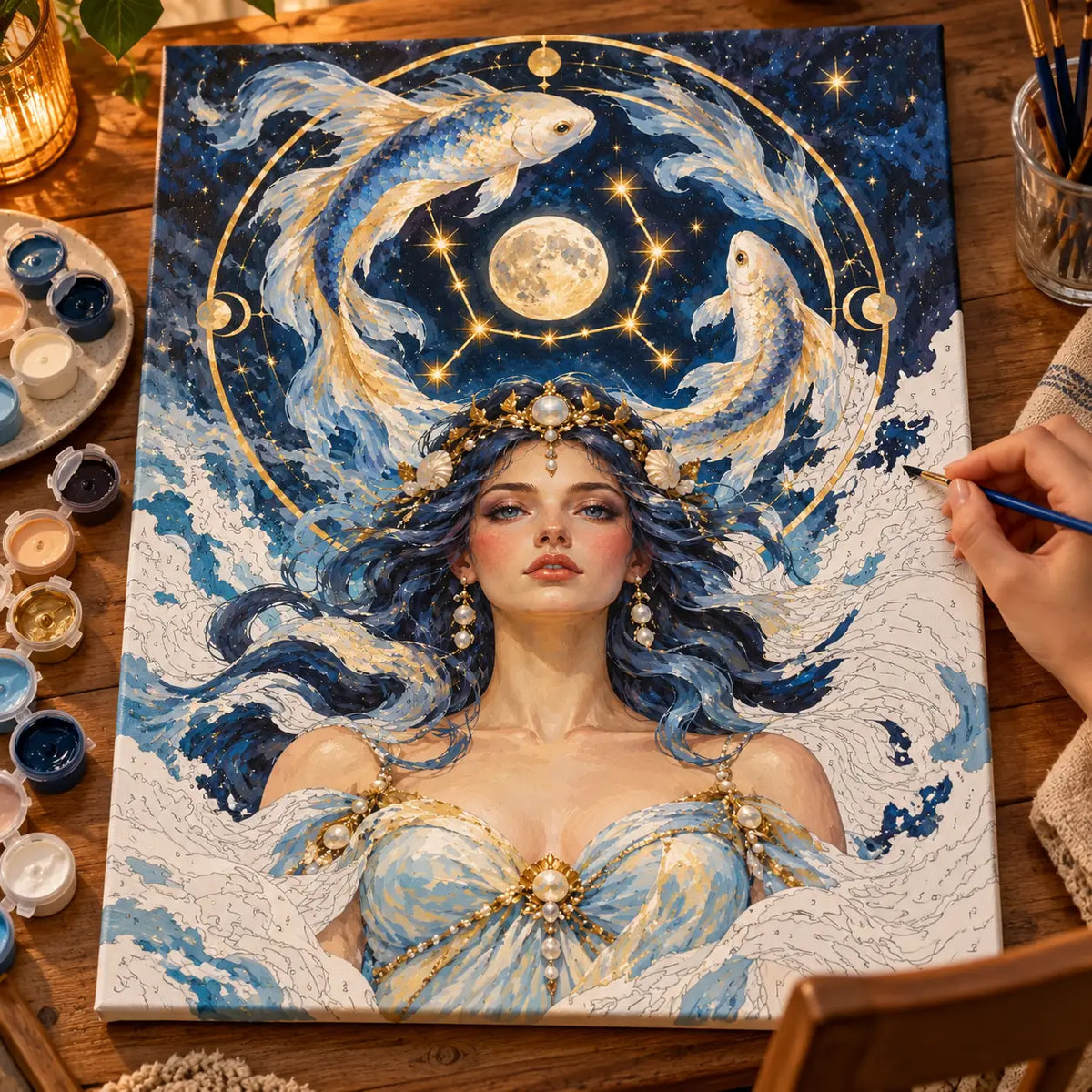 Painting process scene for the Pisces Woman with Full Moon and Koi kit, showing its complete numbered canvas and painting tools.