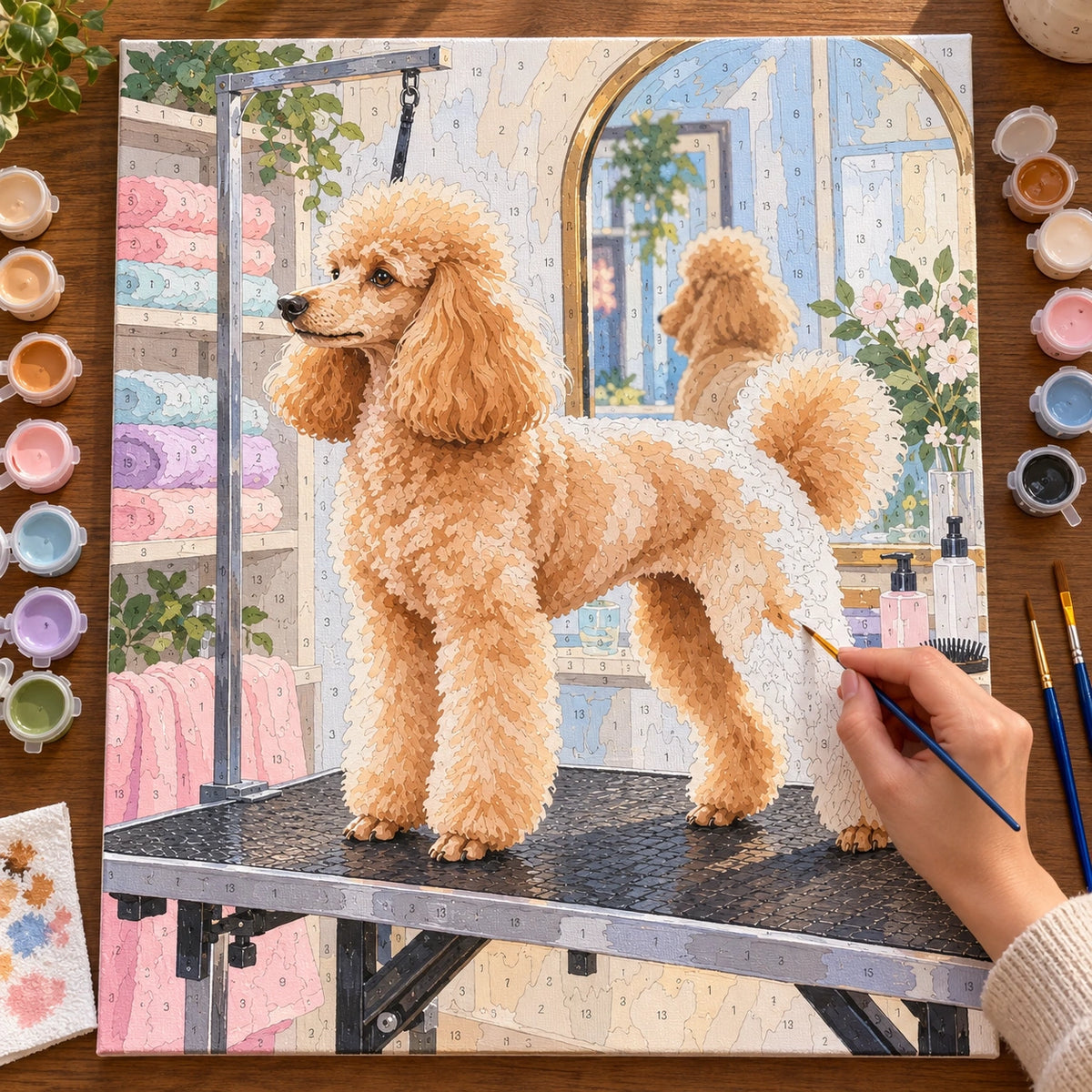 Painting process for Poodle Grooming Day at the Salon paint by numbers kit