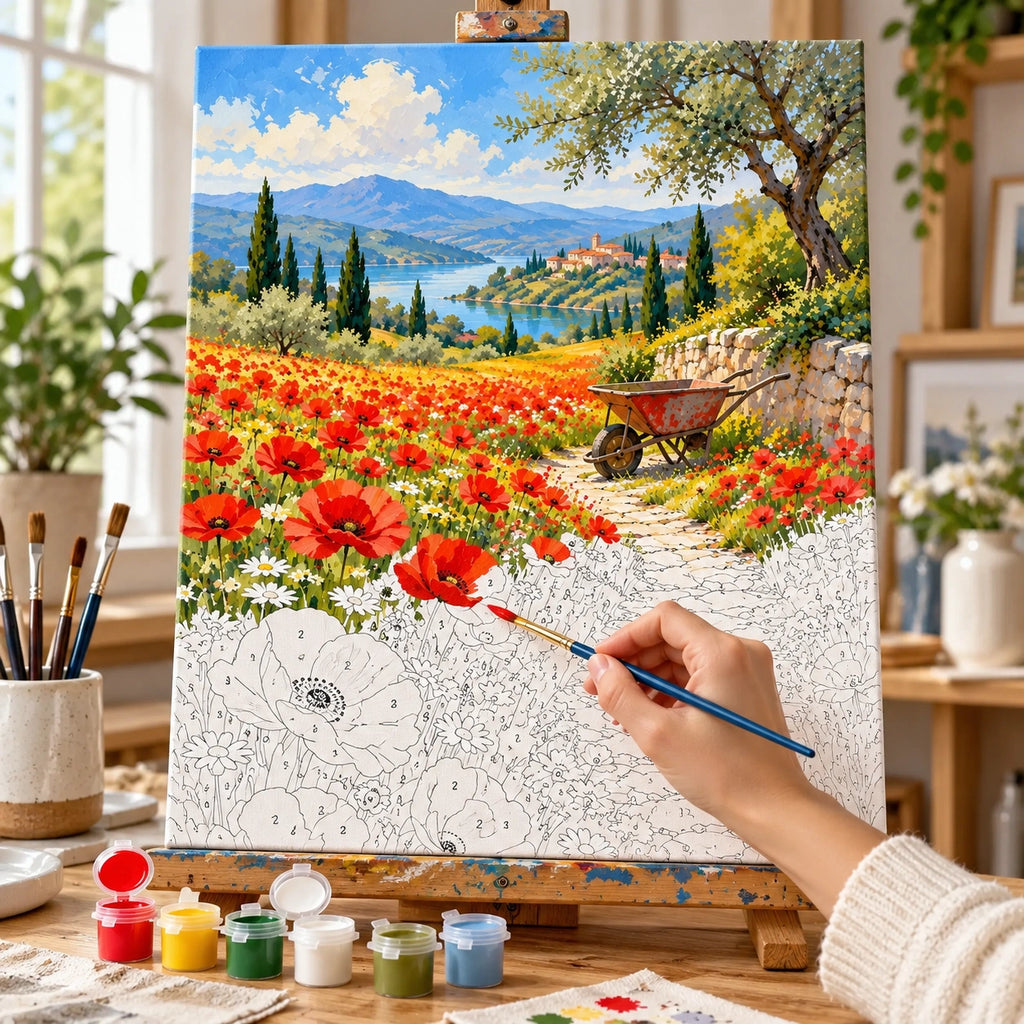 Complete Poppy Field Red Wheelbarrow numbered canvas being painted with acrylic paints and brushes
