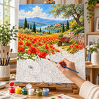 Complete Poppy Field Red Wheelbarrow numbered canvas being painted with acrylic paints and brushes