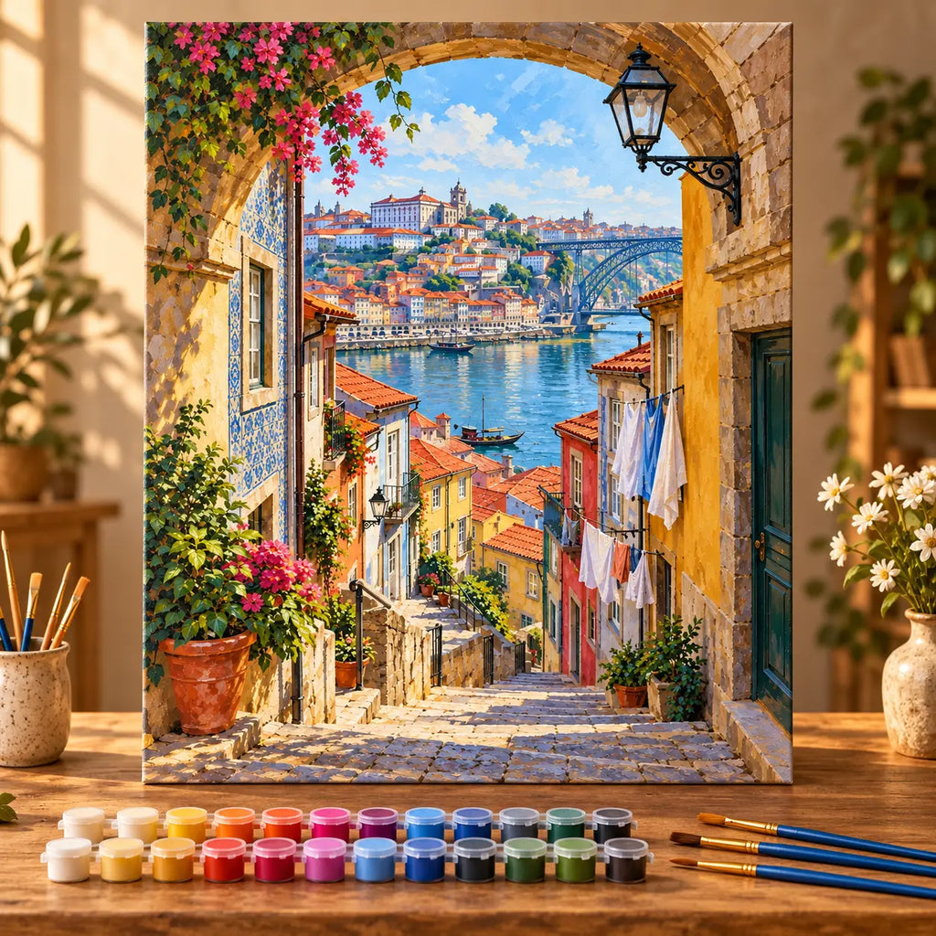 Painting process example for the porto riverside arch laundry steps paint by numbers design.