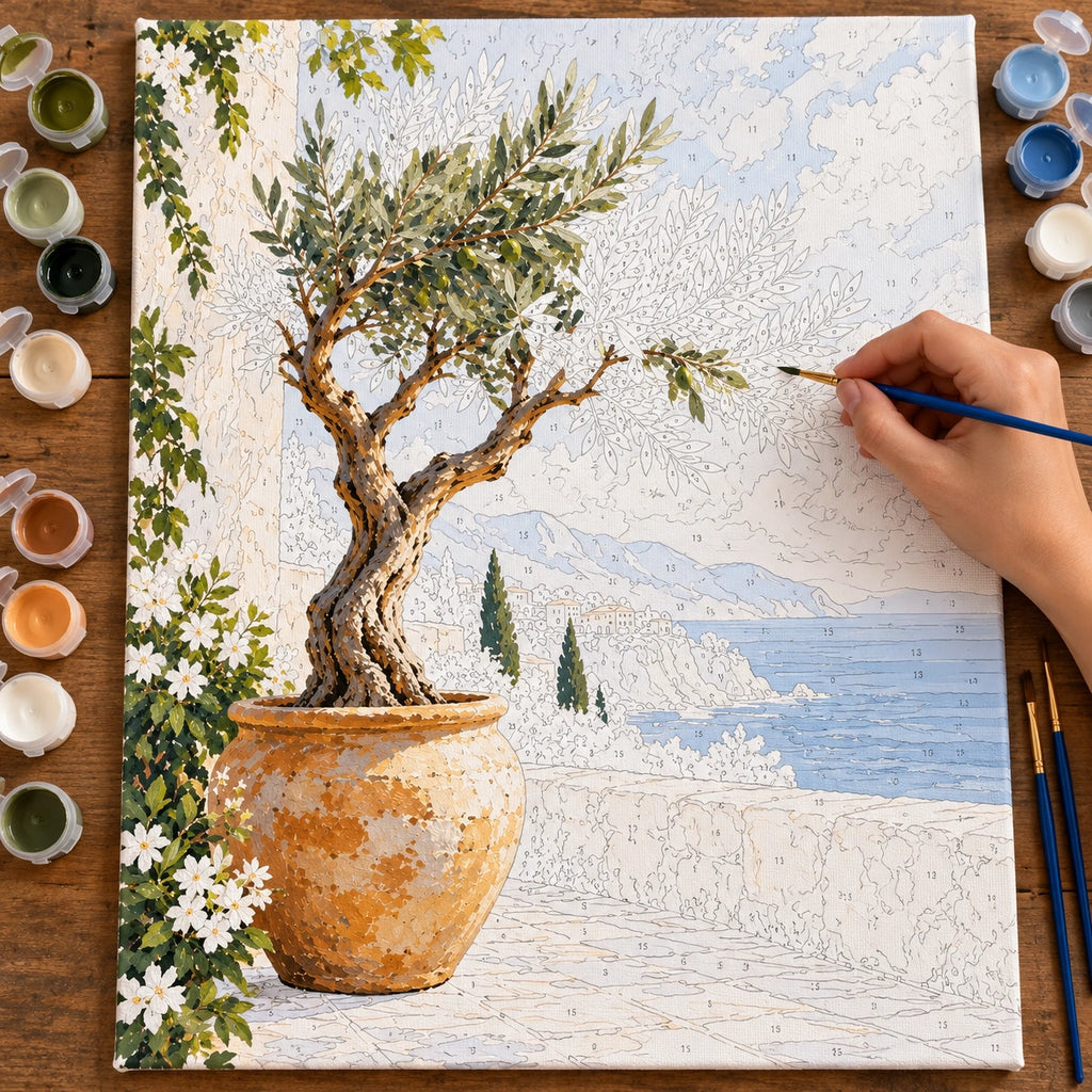 Numbered olive tree terrace canvas being painted with acrylic colors.