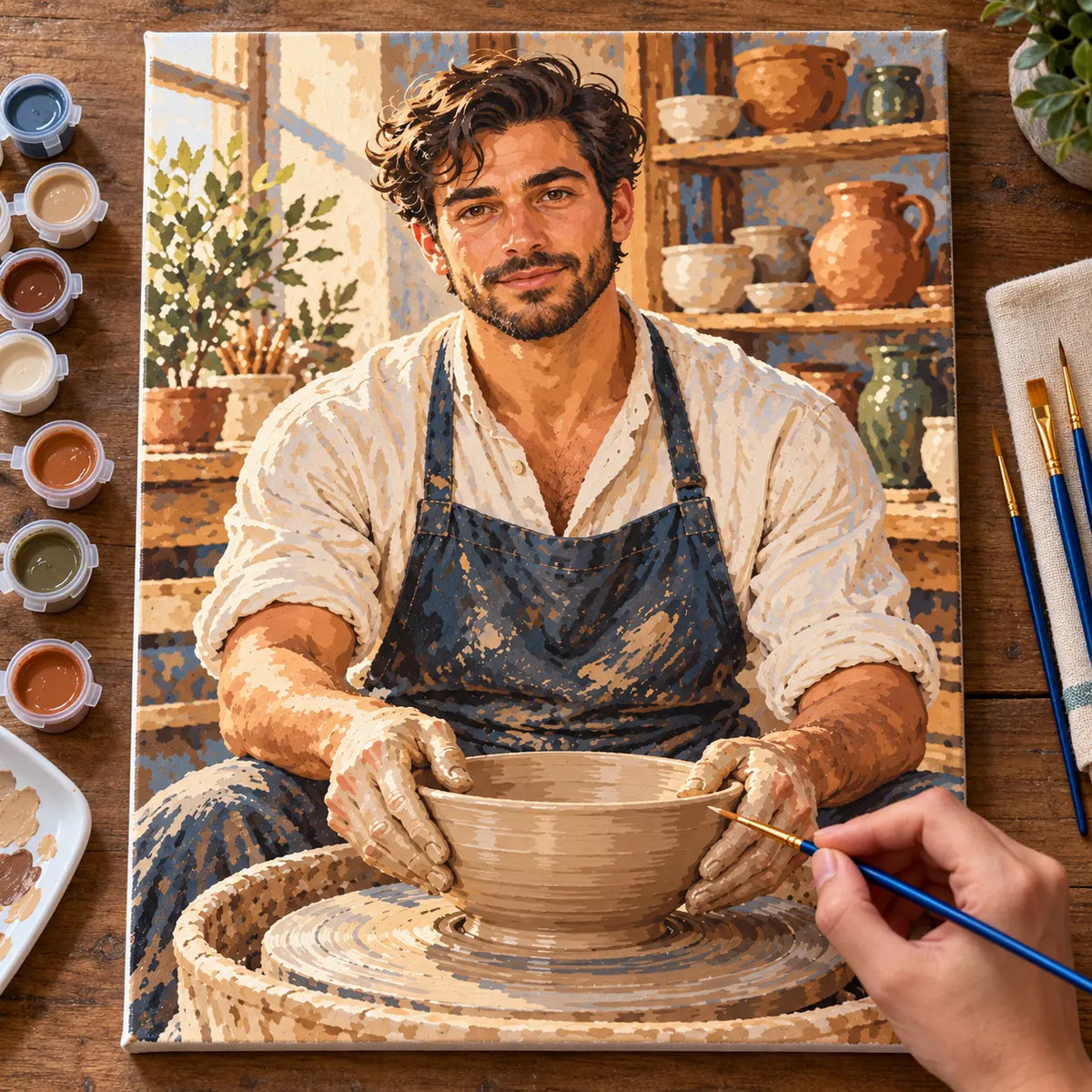 Painting process scene for the Potter Shaping a Bowl on the Wheel kit, showing its complete numbered canvas and painting tools.