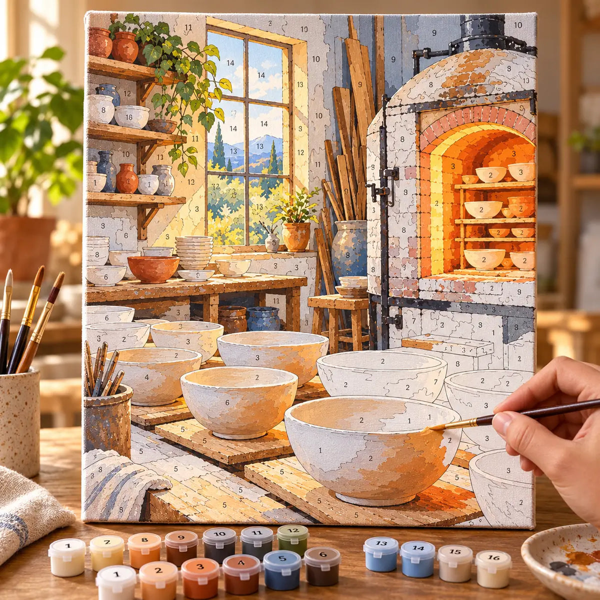 `04-pottery-kiln-cooling-painting-process.webp` — Painting process scene for the Pottery Kiln Cooling kit, with the complete numbered canvas and painting tools.