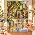 Painting process scene for the Prague library courtyard fountain kit, showing its complete canvas and painting tools.