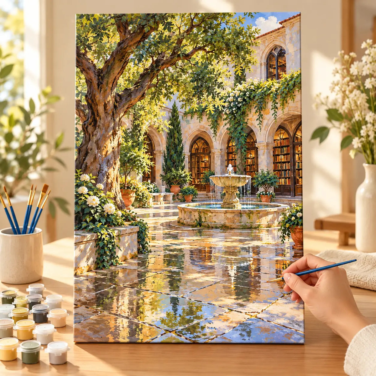 Painting process scene for the Prague library courtyard fountain kit, showing its complete canvas and painting tools.