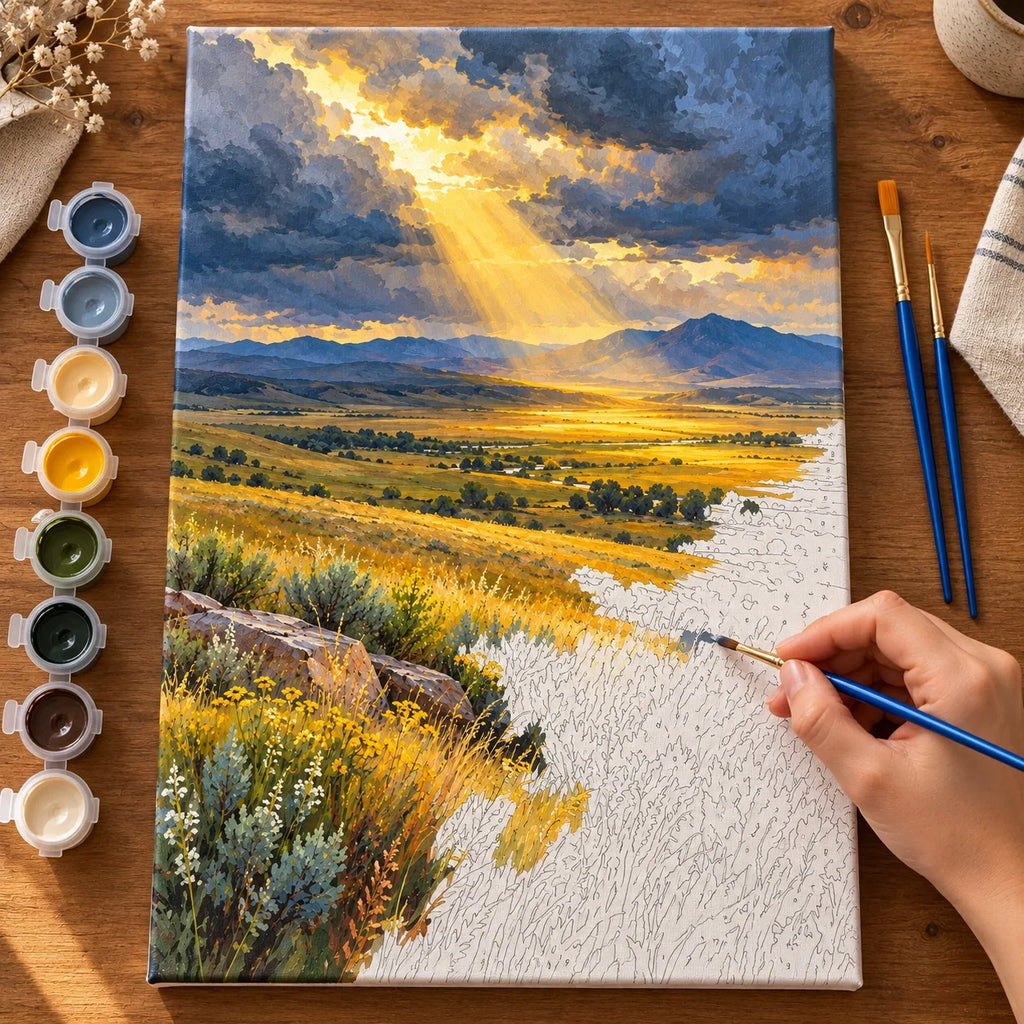 Complete Prairie Storm Sunbreak numbered canvas being painted with acrylic paints and brushes