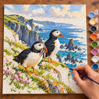 Painting process for Puffins on a Cliff during Nesting Season paint by numbers kit