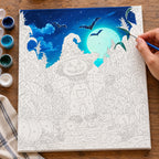 Complete Pumpkin Glow Night numbered canvas being painted with acrylic paints and brushes