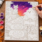 Complete Pumpkin Stack Gathering numbered canvas being painted with acrylic paints and brushes
