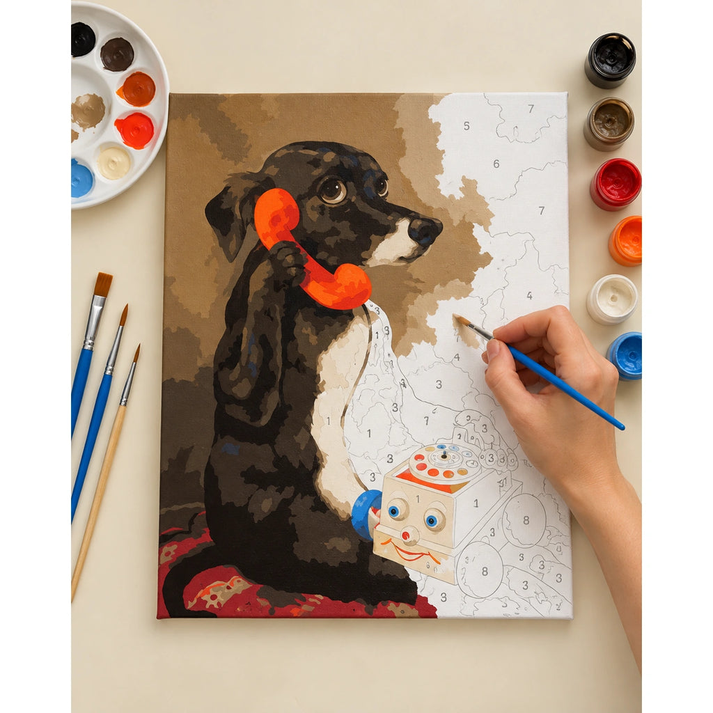 Complete Puppy with a Vintage Toy Telephone numbered canvas being painted with acrylic paints and brushes.