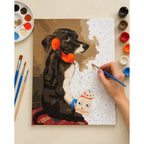 Complete Puppy with a Vintage Toy Telephone numbered canvas being painted with acrylic paints and brushes.
