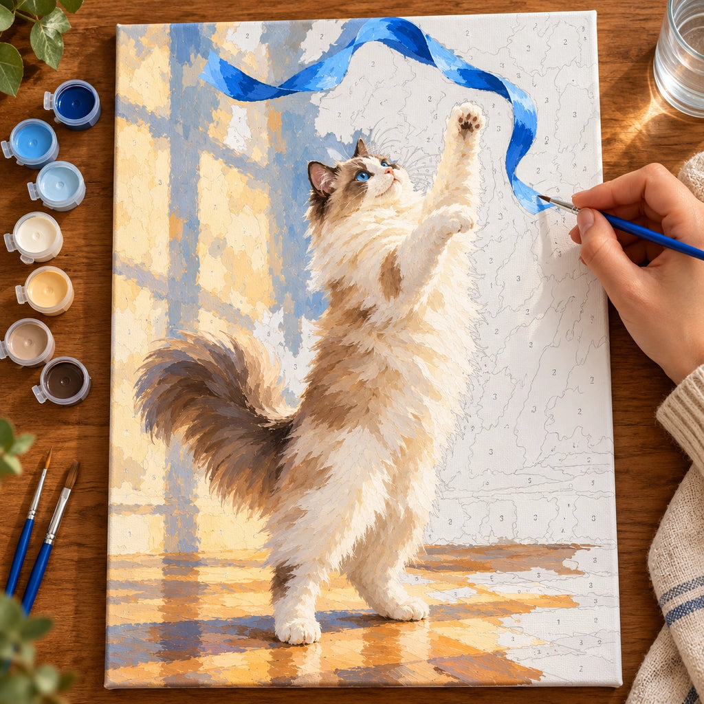 Painting process for Ragdoll Cat Reaching for a Ribbon paint by numbers kit