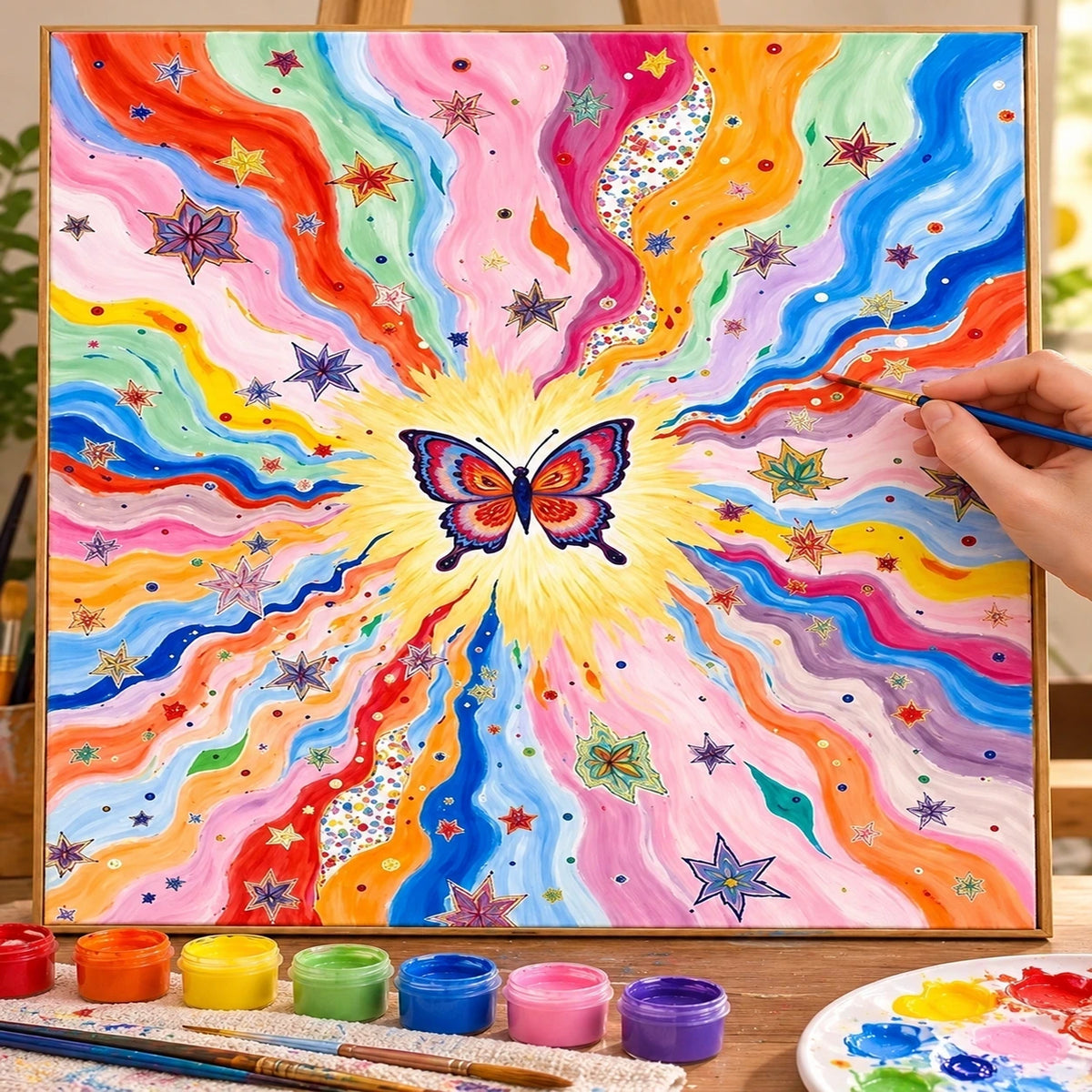 Complete Rainbow Butterfly Starburst numbered canvas being painted with acrylic paints and brushes
