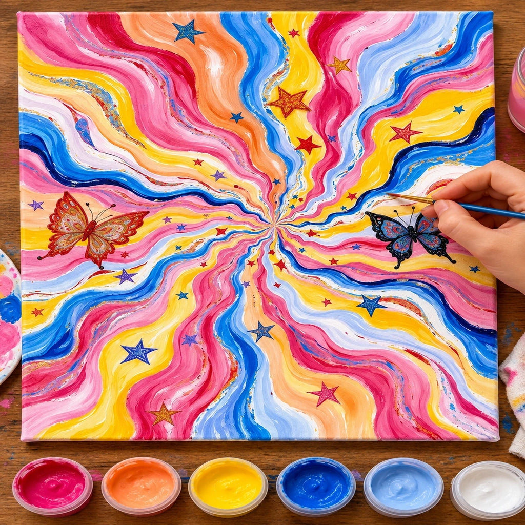 Complete Rainbow Swirl Butterfly Abstract numbered canvas being painted with acrylic paints and brushes