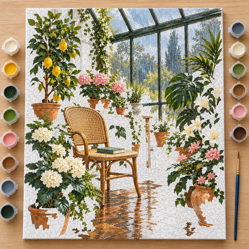 `04-rainy-greenhouse-wicker-reading-chair-painting-process.webp` — Complete numbered greenhouse reading nook canvas in progress with visible edges, acrylic paints, and a brush.