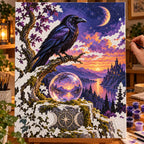 Painting process scene for the Raven with Crystal Ball by a Moonlit Lake kit, showing its complete numbered canvas and painting tools.