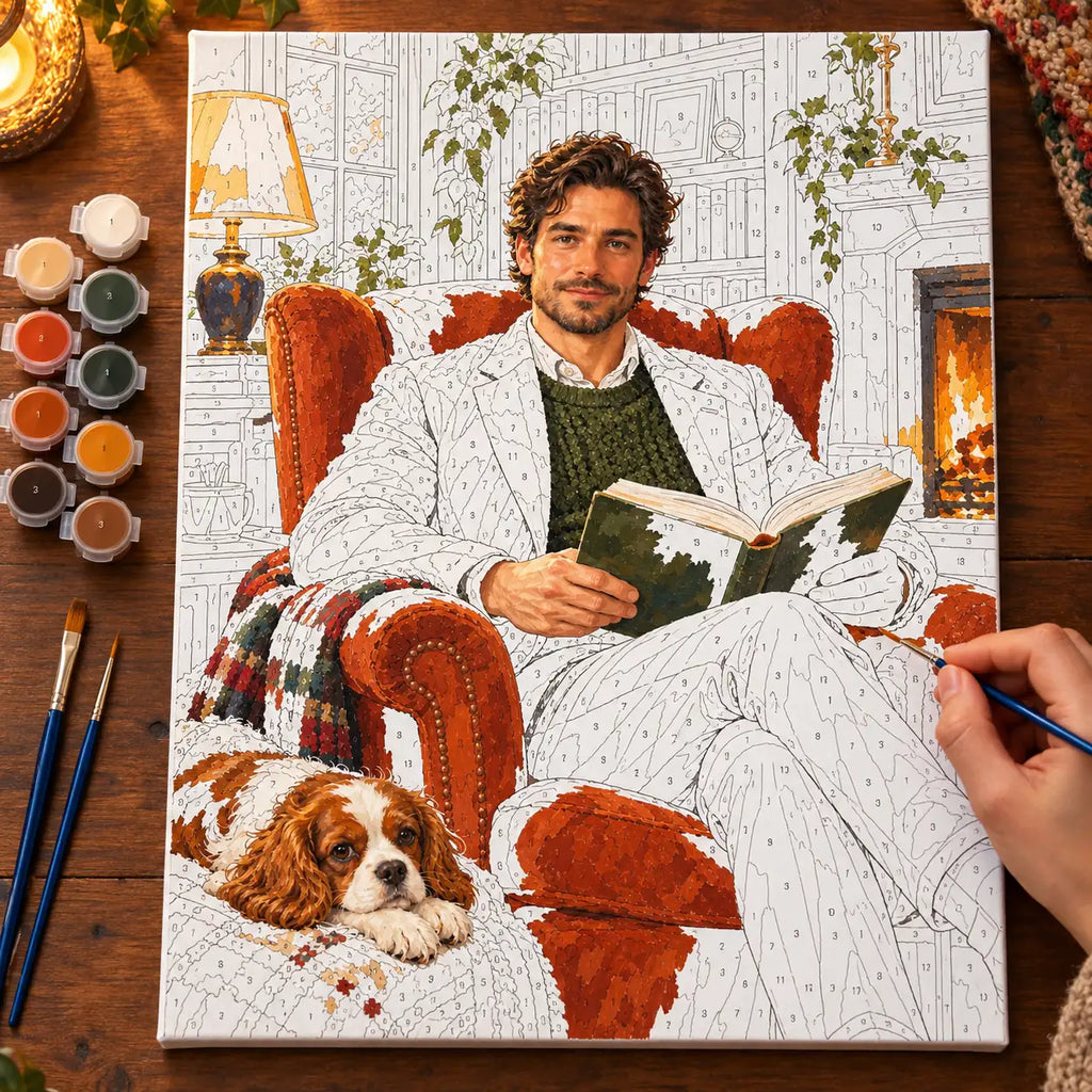 Painting process scene for the Man Reading in an Armchair with a Spaniel kit, showing its complete numbered canvas and painting tools.